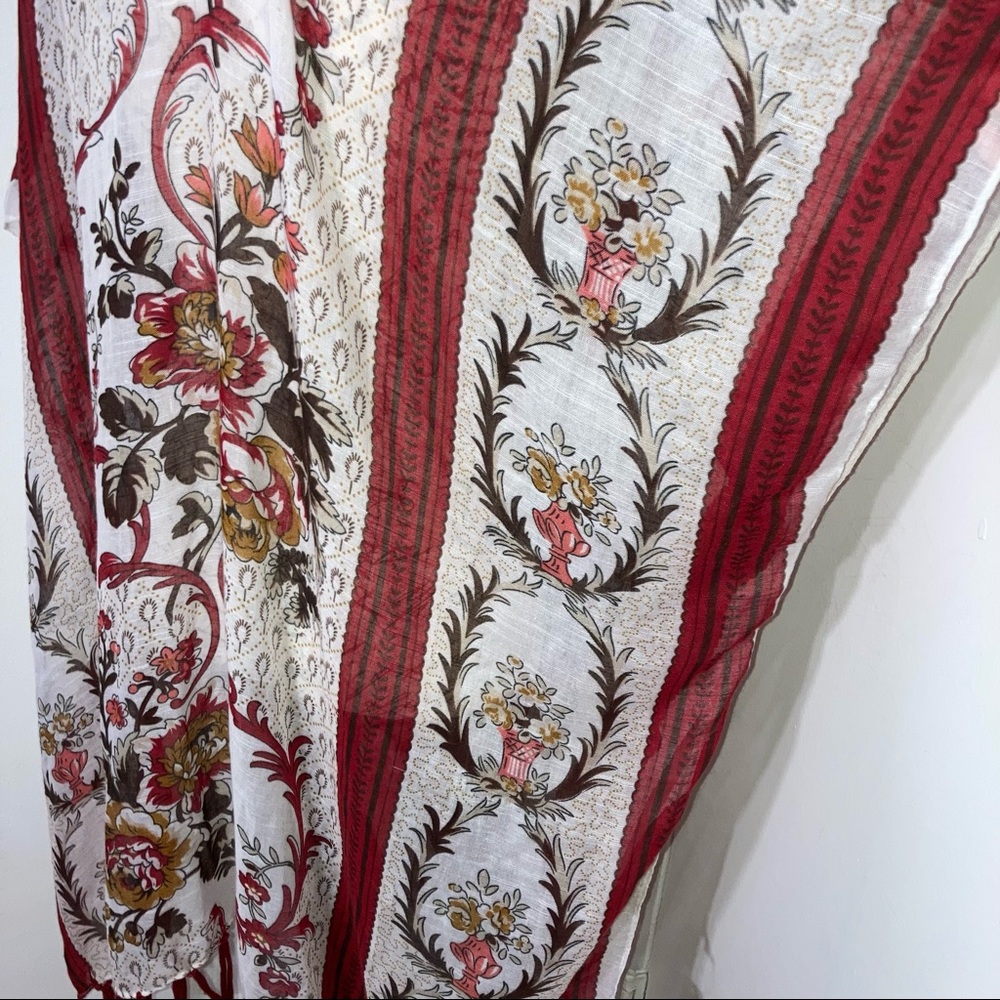 Floral Vase Botanical Flowers Print Sheer Cover Up with Fringe Red Stripes NWT - Picture 2 of 9